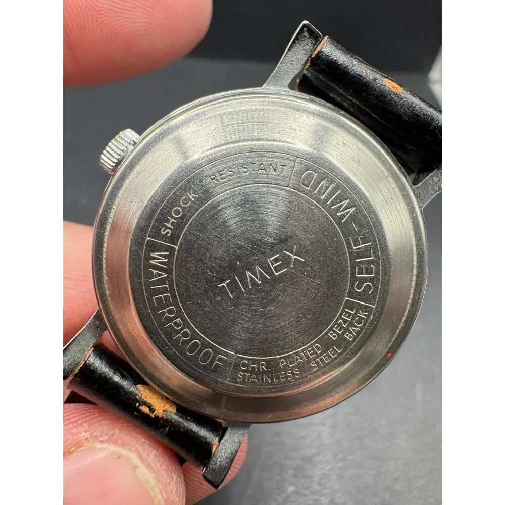 Vintage Timex Self-Wind Wristwatch Silver Tone Dial Black Leather Band Classic